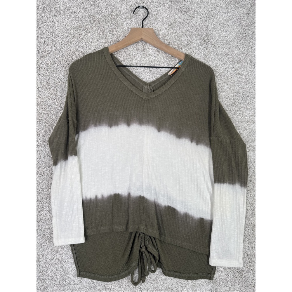 Vintage Havana Women's Army Green & White Stripe Ribbed‎ Tie Long Sleeve Top